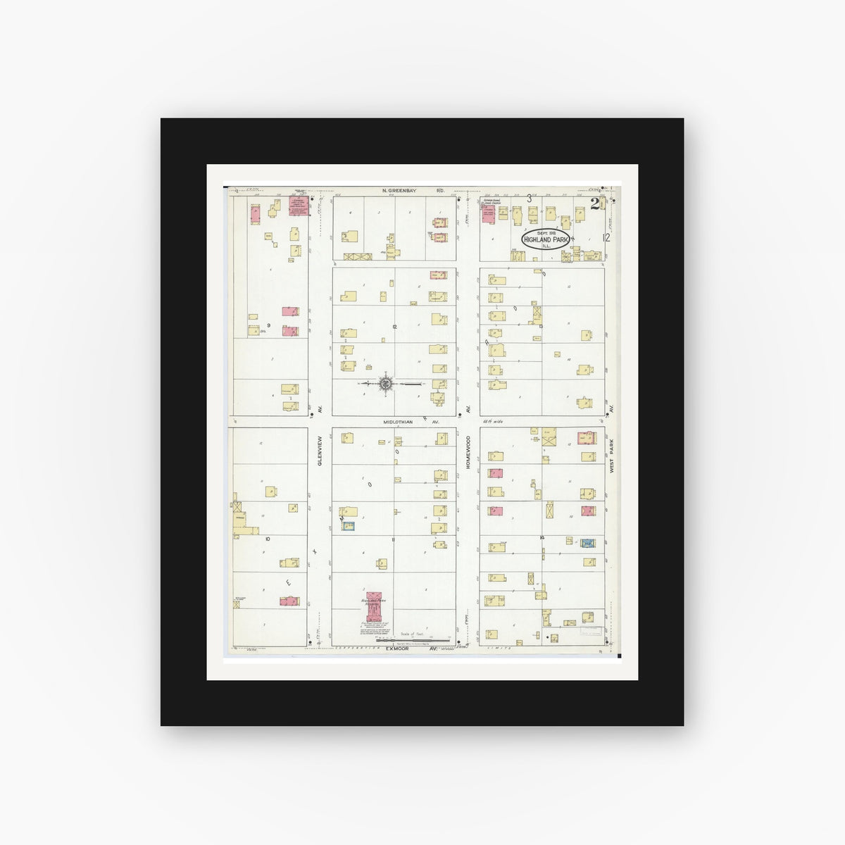 Old map wall art mockup — black gallery frame with white mat — Sanborn Fire Insurance Map from Highland Park, Lake County, Illinois (1918), Sheet #0002