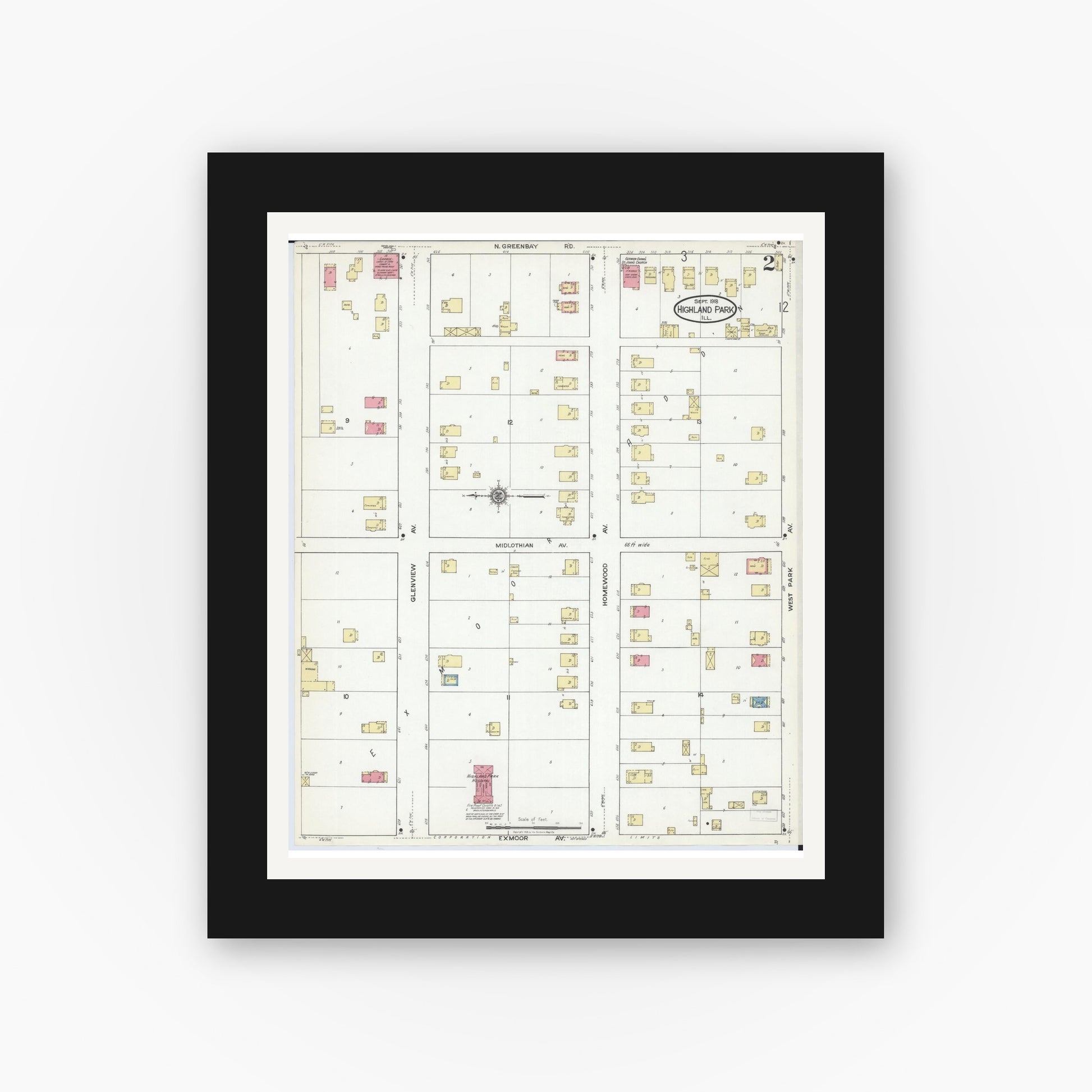 Old map wall art mockup — black gallery frame with white mat — Sanborn Fire Insurance Map from Highland Park, Lake County, Illinois (1918), Sheet #0002