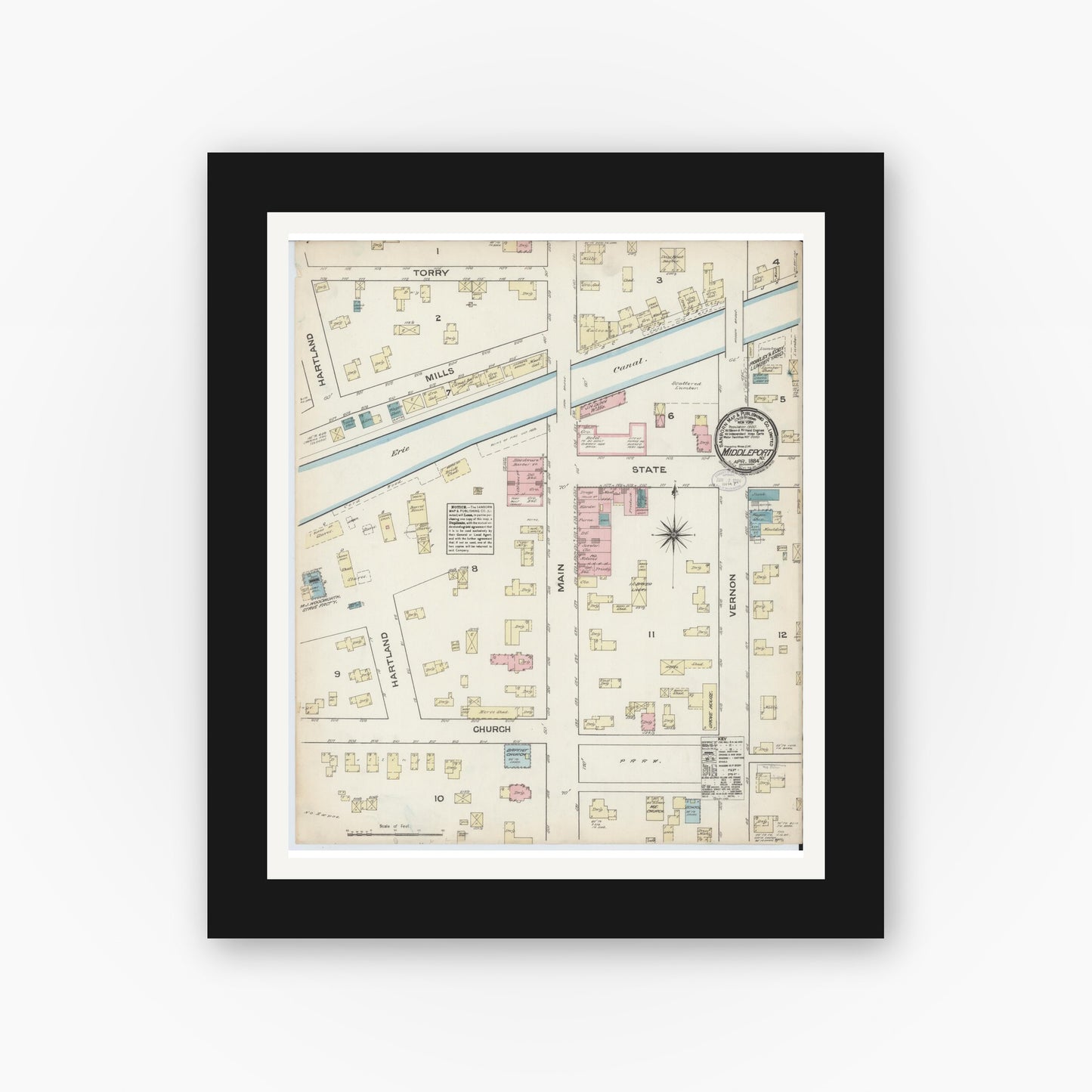 Old map wall art mockup — black gallery frame with white mat — Sanborn Fire Insurance Map from Middleport, Niagara County, New York (1884), Sheet #0001