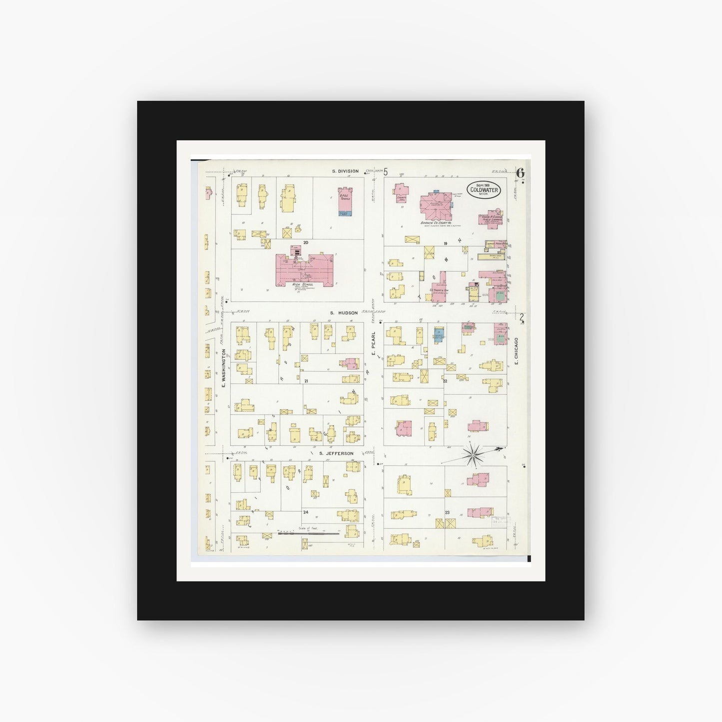 Old map wall art mockup — black gallery frame with white mat — Sanborn Fire Insurance Map from Coldwater, Branch County, Michigan (1908), Sheet #0006