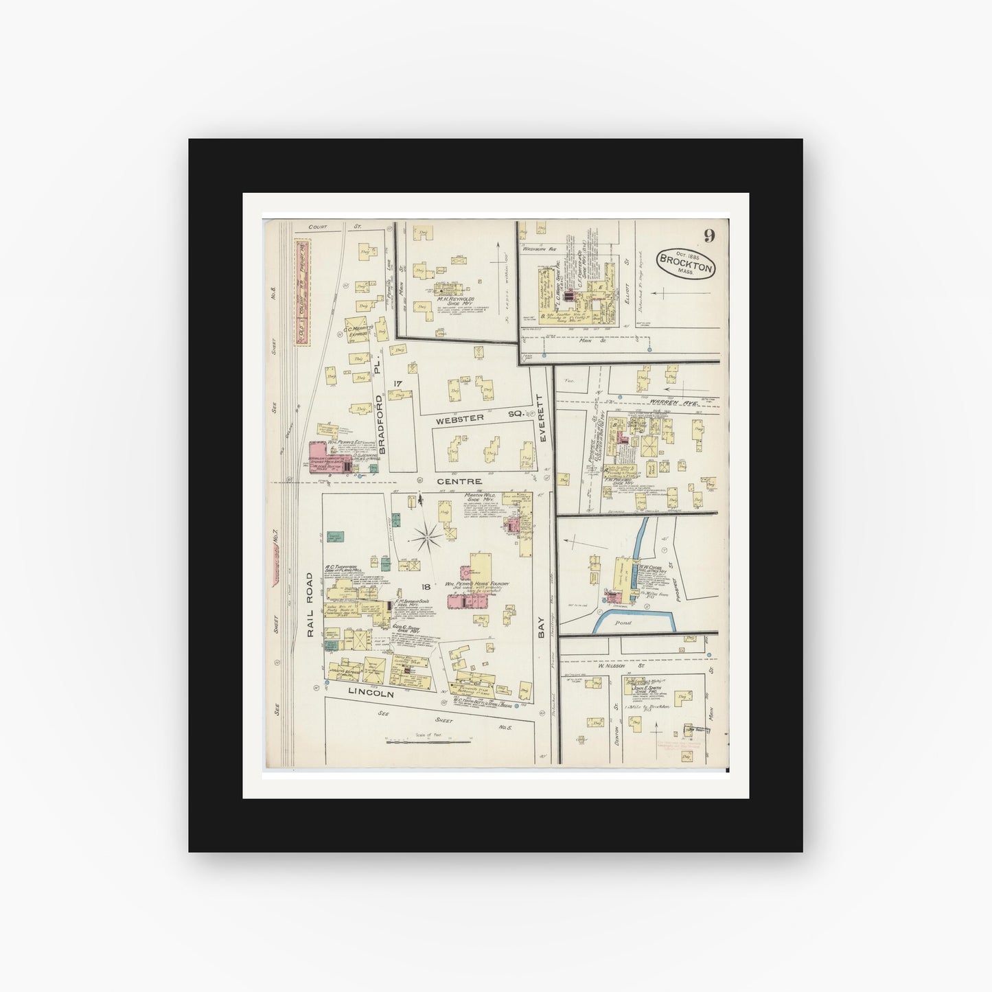 Old map wall art mockup — black gallery frame with white mat — Sanborn Fire Insurance Map from Brockton, Plymouth County, Massachusetts (1885), Sheet #0009