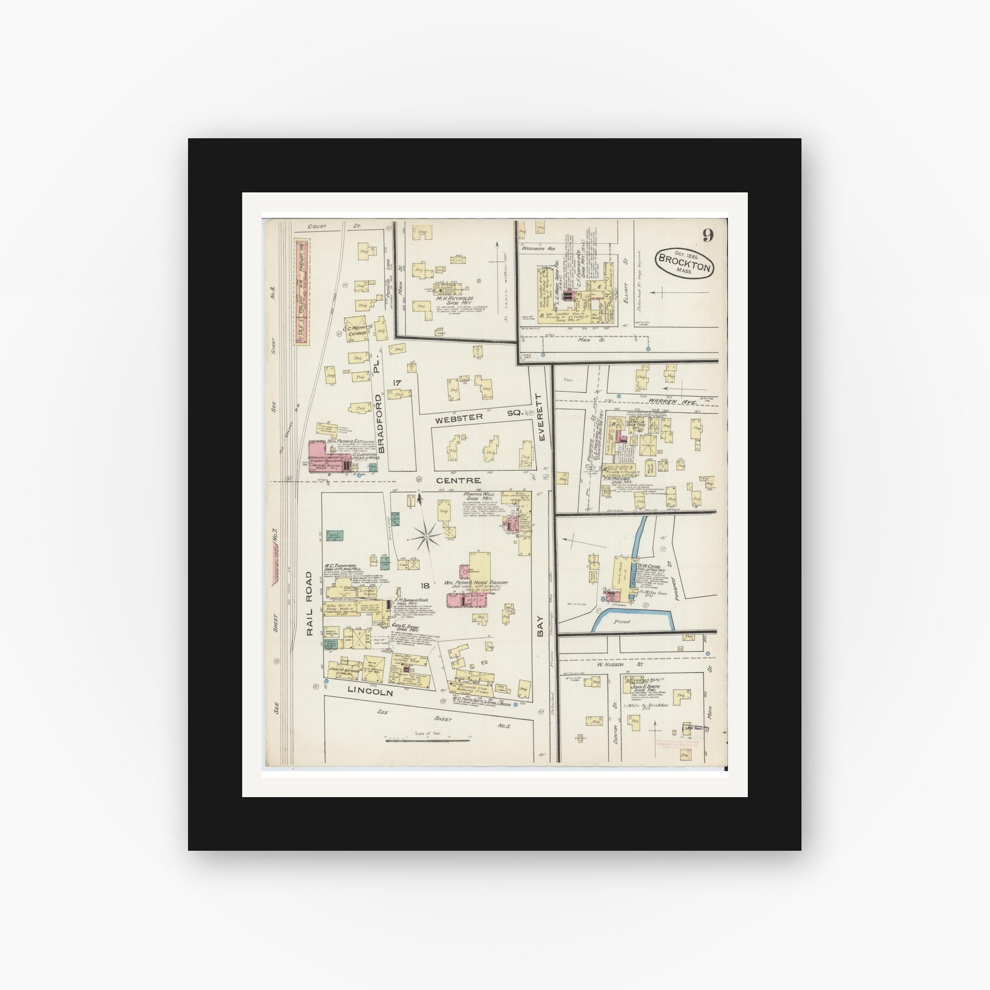 Old map wall art mockup — black gallery frame with white mat — Sanborn Fire Insurance Map from Brockton, Plymouth County, Massachusetts (1885), Sheet #0009