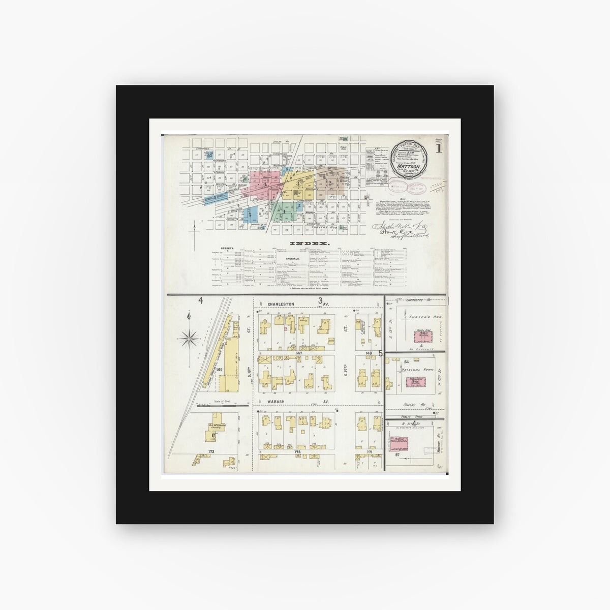 Old map wall art mockup — black gallery frame with white mat — Sanborn Fire Insurance Map from Mattoon, Coles County, Illinois (1897), Sheet #0001