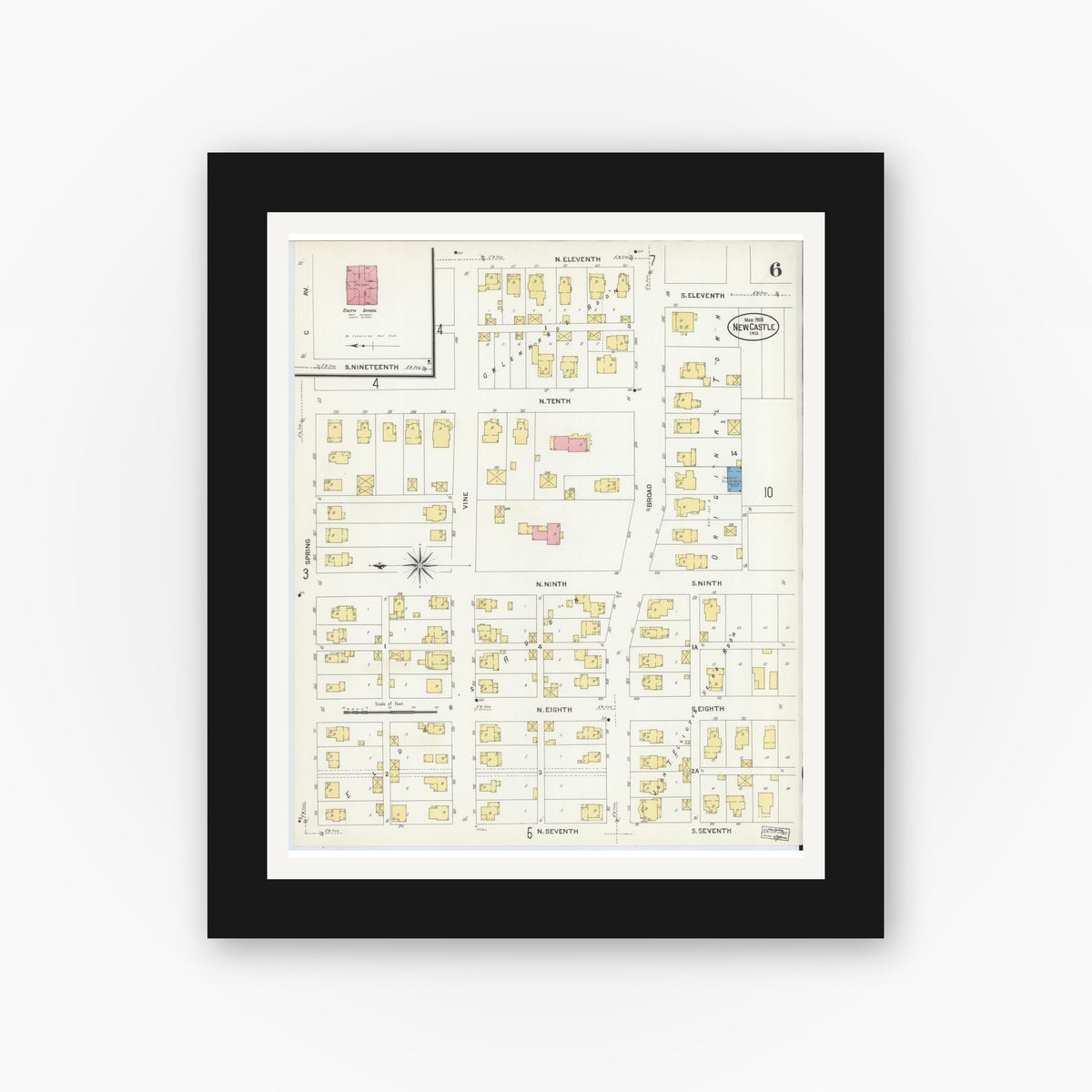 Old map wall art mockup — black gallery frame with white mat — Sanborn Fire Insurance Map from New Castle, Henry County, Indiana (1908), Sheet #0006
