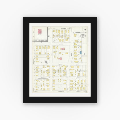 Old map wall art mockup — black gallery frame with white mat — Sanborn Fire Insurance Map from New Castle, Henry County, Indiana (1908), Sheet #0006