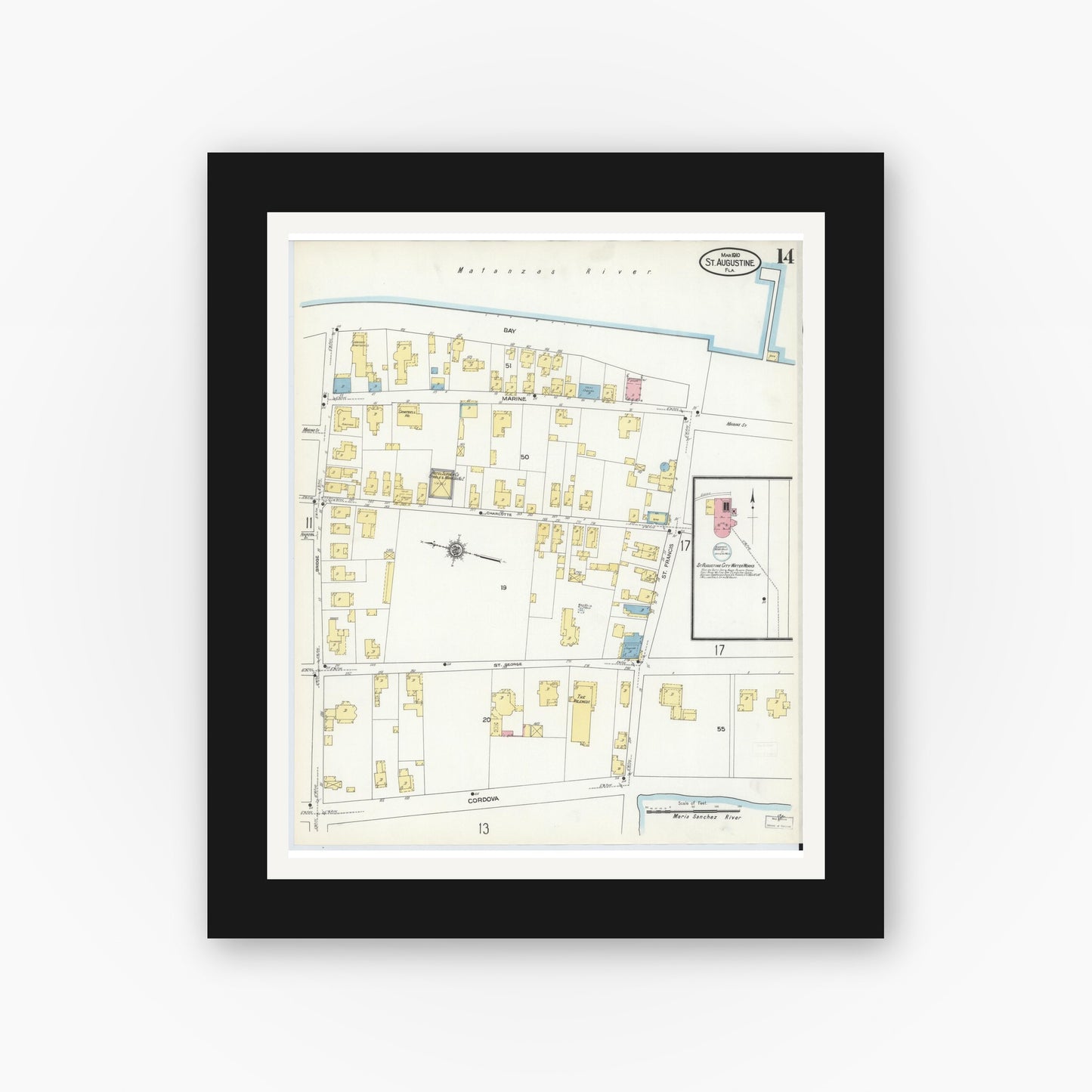 Old map wall art mockup — black gallery frame with white mat — Sanborn Fire Insurance Map from Saint Augustine, Saint John's County, Florida (1910), Sheet #0014