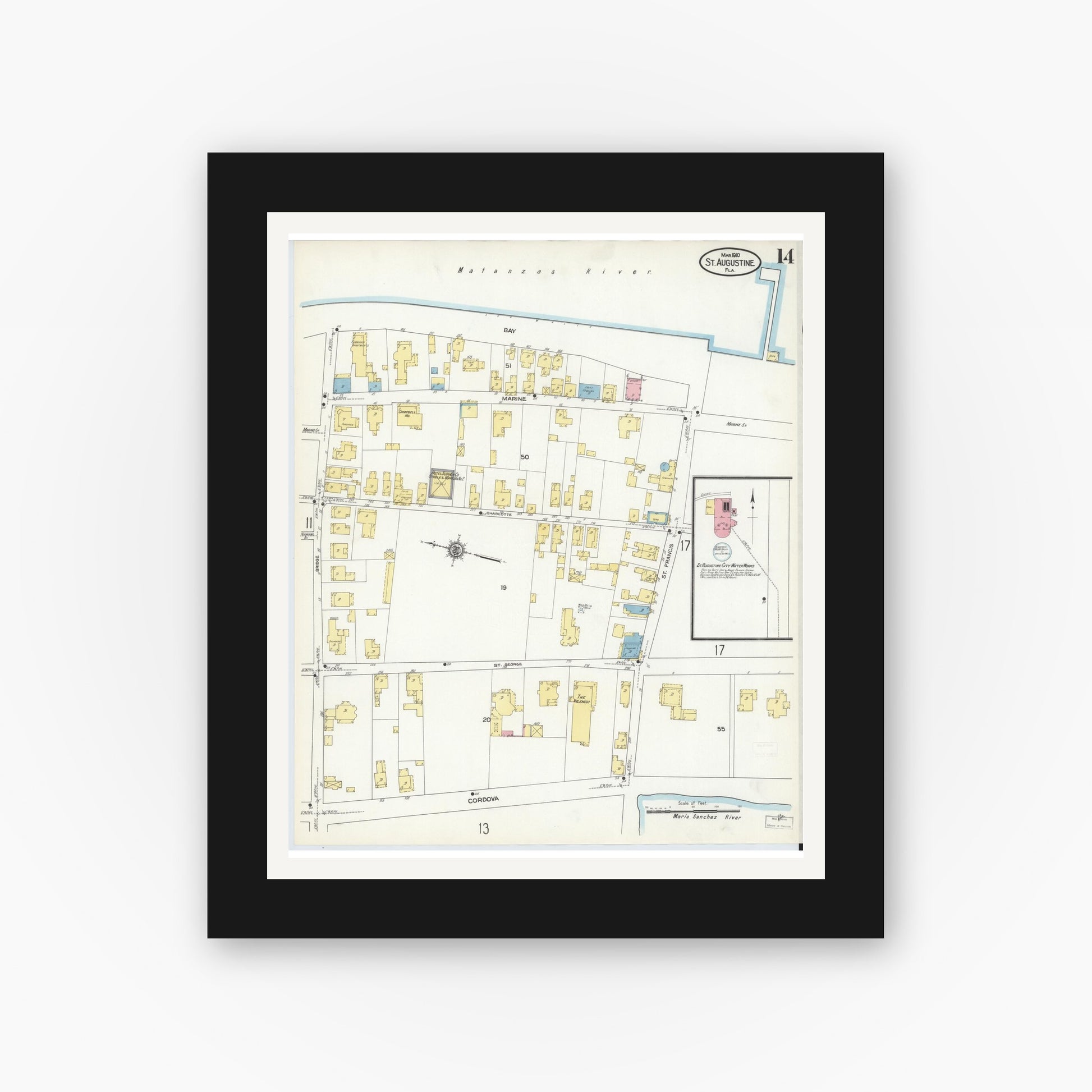 Old map wall art mockup — black gallery frame with white mat — Sanborn Fire Insurance Map from Saint Augustine, Saint John's County, Florida (1910), Sheet #0014