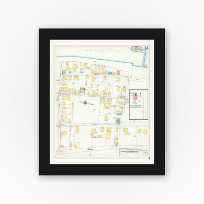 Old map wall art mockup — black gallery frame with white mat — Sanborn Fire Insurance Map from Saint Augustine, Saint John's County, Florida (1910), Sheet #0014