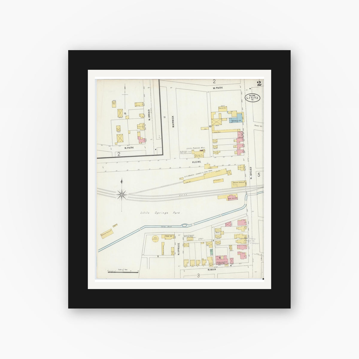 Old map wall art mockup — black gallery frame with white mat — Sanborn Fire Insurance Map from Lititz, Lancaster County, Pennsylvania (1898), Sheet #0002