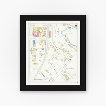 Old map wall art mockup — black gallery frame with white mat — Sanborn Fire Insurance Map from Dover, Morris County, New Jersey (1909), Sheet #0014