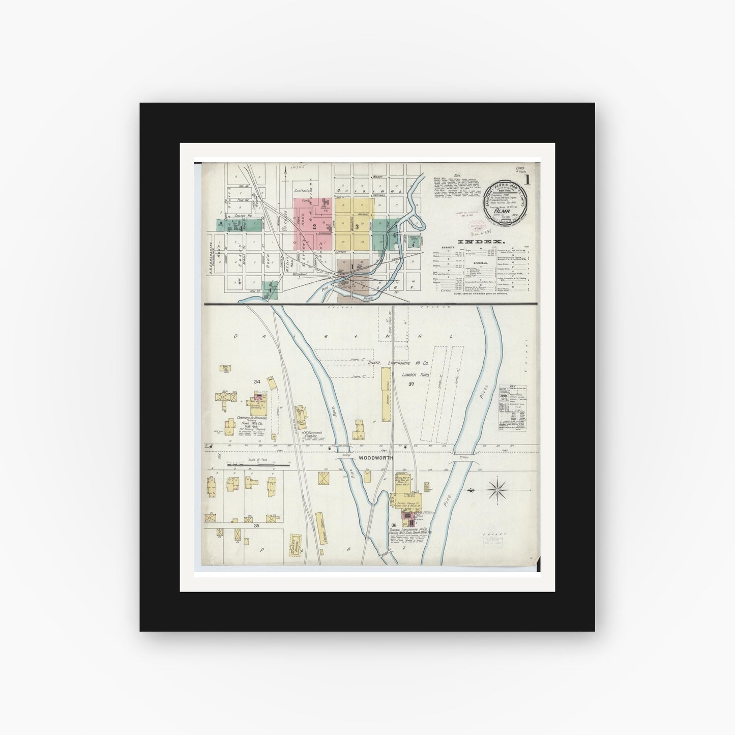 Old map wall art mockup — black gallery frame with white mat — Sanborn Fire Insurance Map from Alma, Gratiot County, Michigan (1896) - Complete Map Set