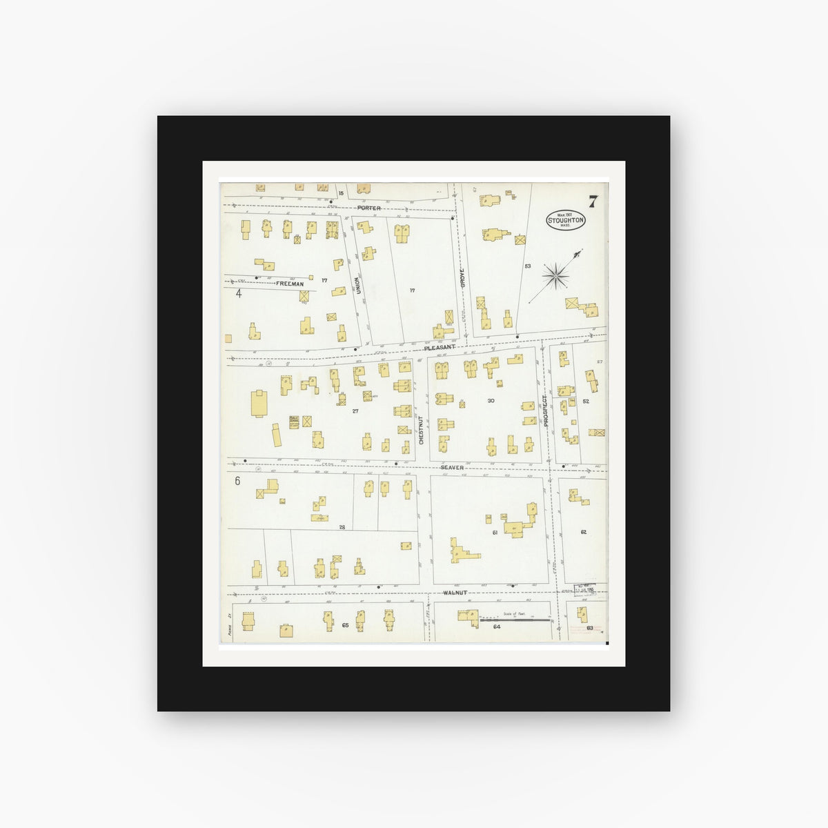 Old map wall art mockup — black gallery frame with white mat — Sanborn Fire Insurance Map from Stoughton, Norfolk County, Massachusetts (1901), Sheet #0007
