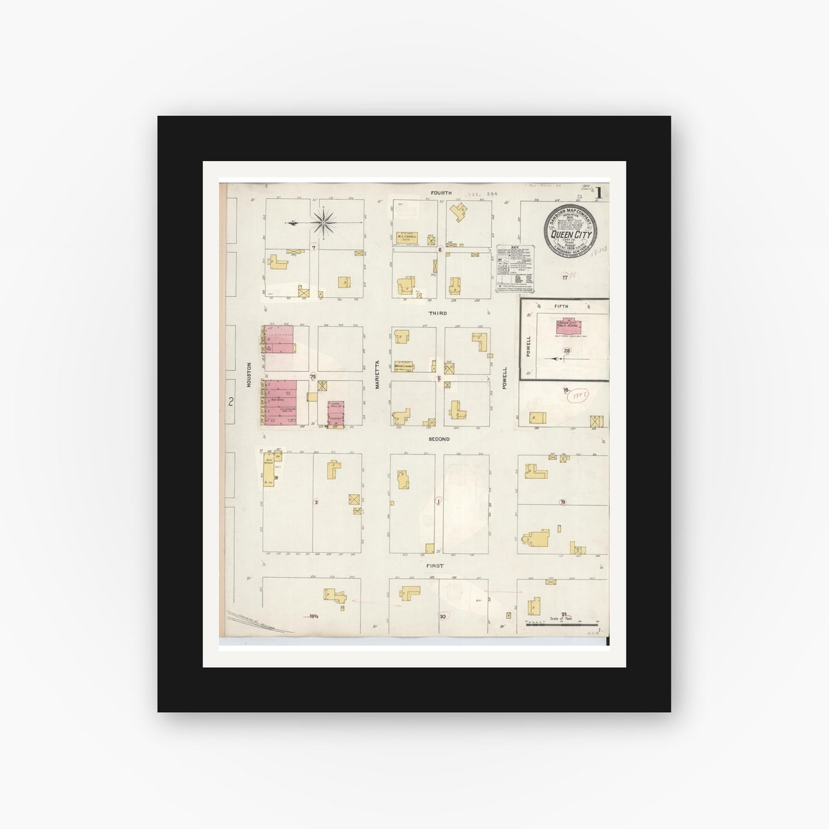 Old map wall art mockup — black gallery frame with white mat — Sanborn Fire Insurance Map from Queen City, Cass County, Texas (1923) - Complete Map Set