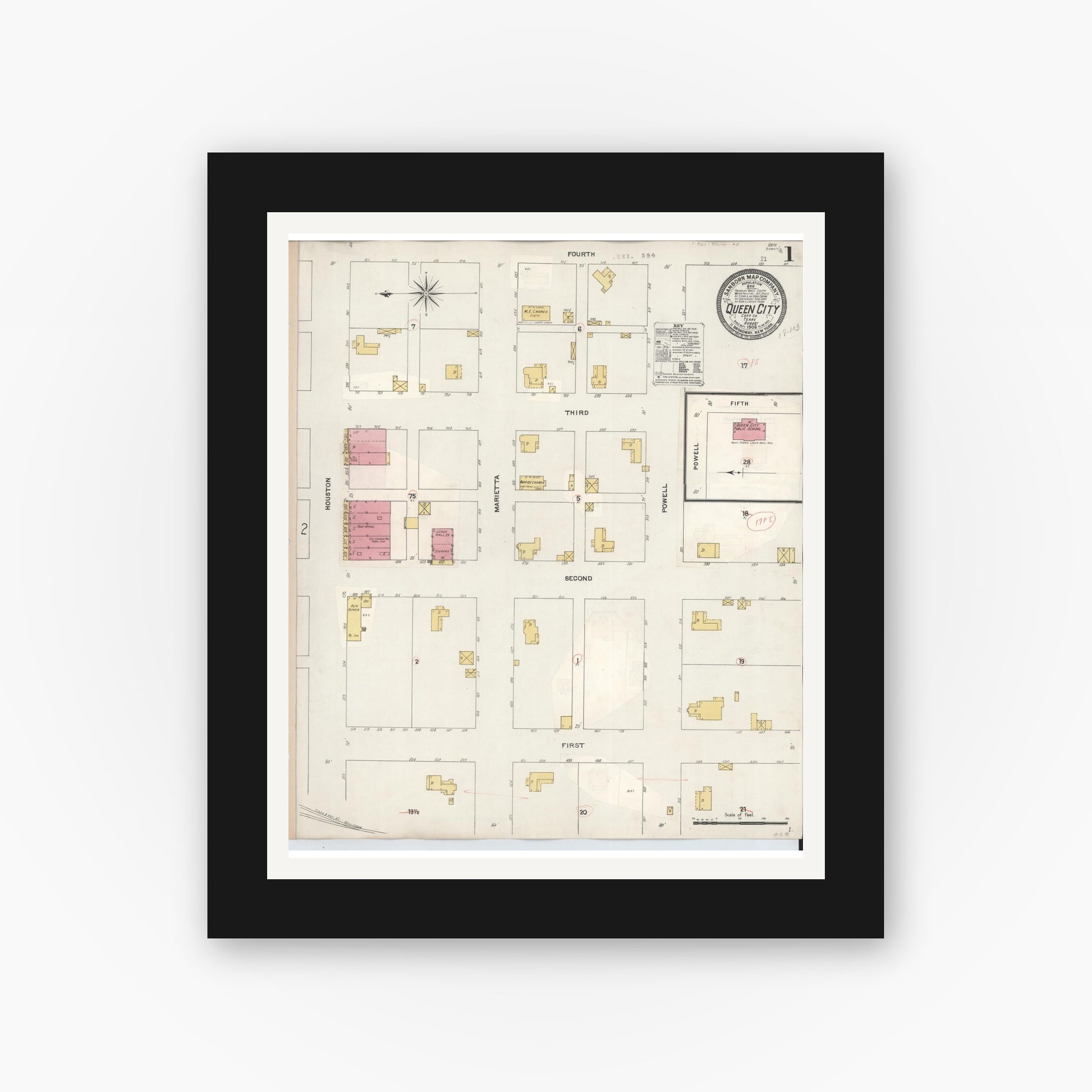 Old map wall art mockup — black gallery frame with white mat — Sanborn Fire Insurance Map from Queen City, Cass County, Texas (1923) - Complete Map Set