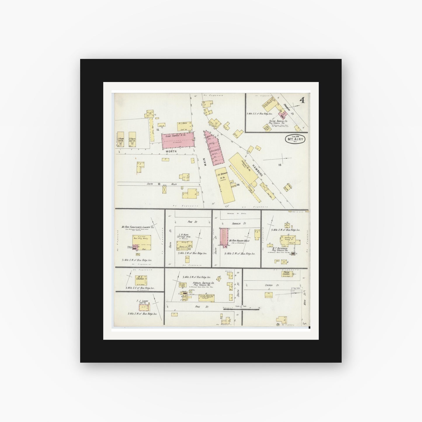 Old map wall art mockup — black gallery frame with white mat — Sanborn Fire Insurance Map from Mount Airy, Surry County, North Carolina (1896), Sheet #0004