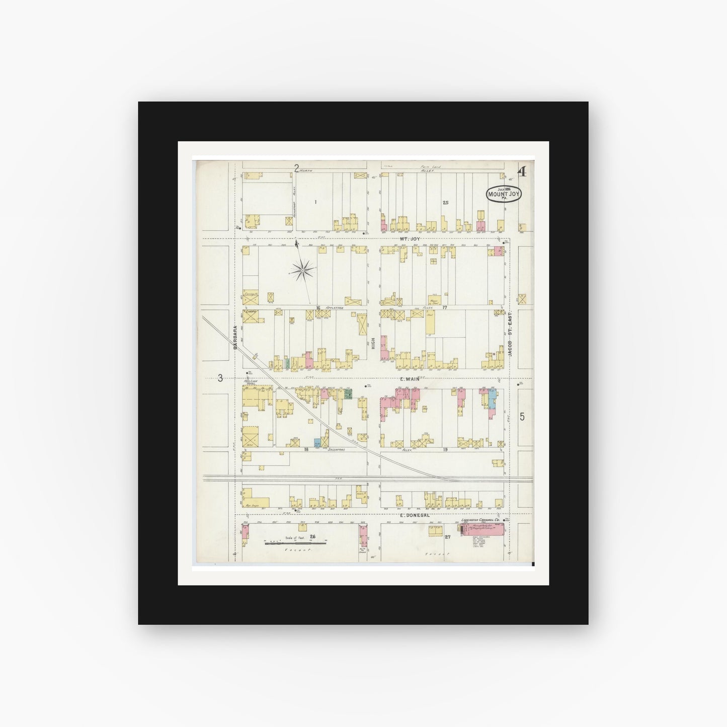 Old map wall art mockup — black gallery frame with white mat — Sanborn Fire Insurance Map from Mount Joy, Lancaster County, Pennsylvania (1896), Sheet #0004