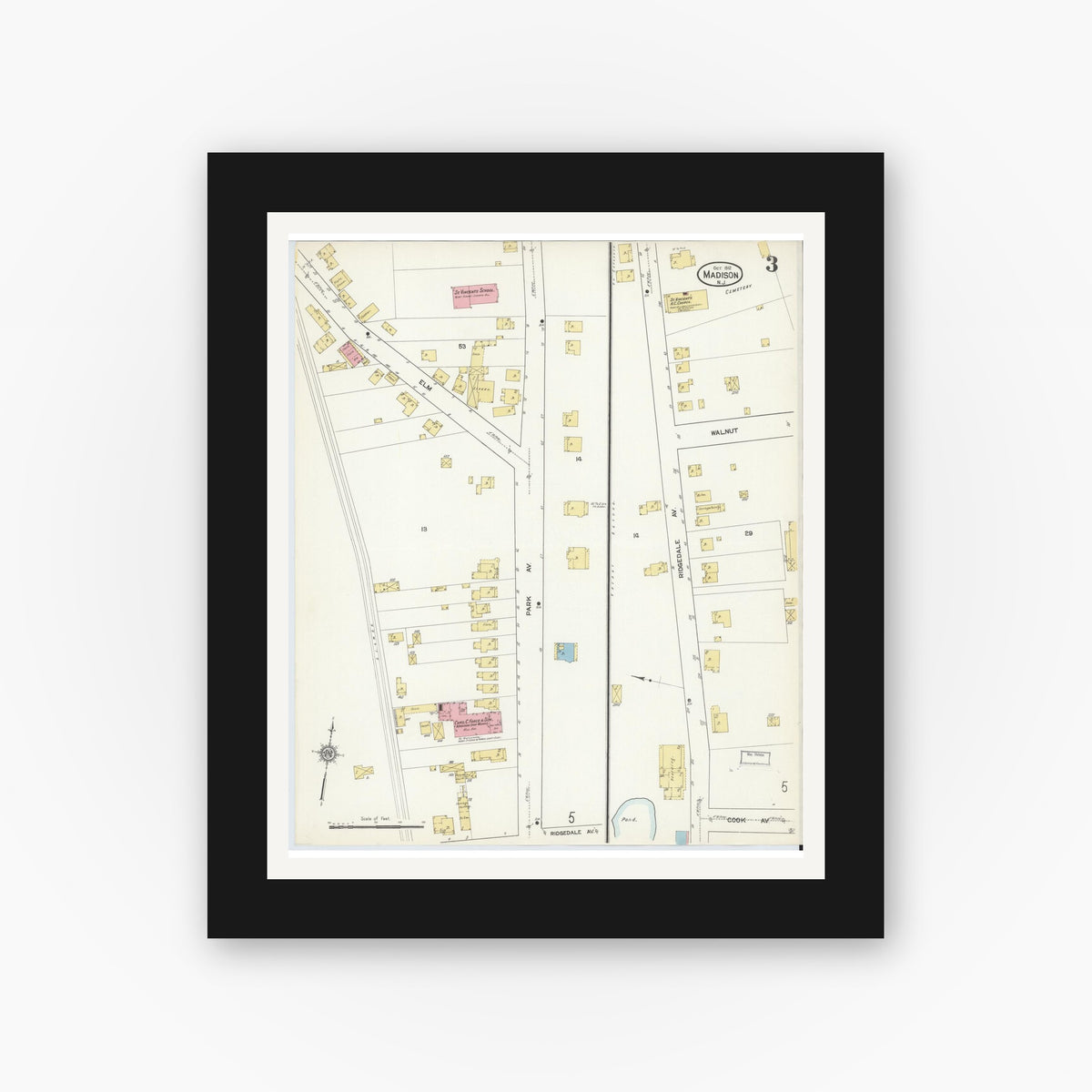 Old map wall art mockup — black gallery frame with white mat — Sanborn Fire Insurance Map from Madison, Morris County, New Jersey (1912), Sheet #0003