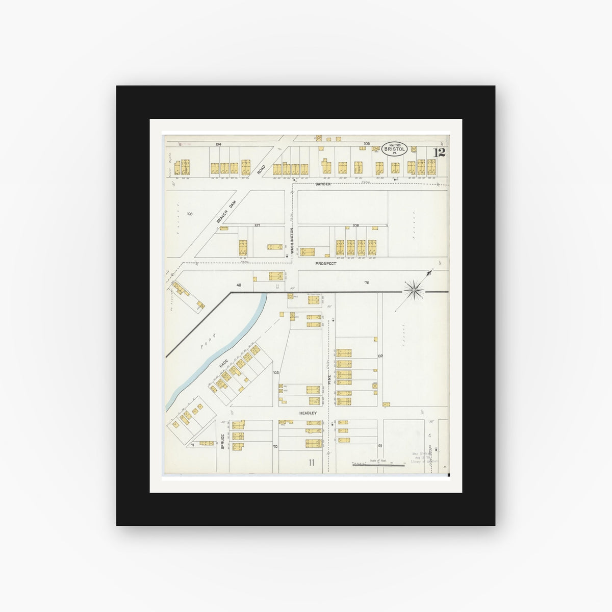 Old map wall art mockup — black gallery frame with white mat — Sanborn Fire Insurance Map from Bristol, Bucks County, Pennsylvania (1903), Sheet #0012