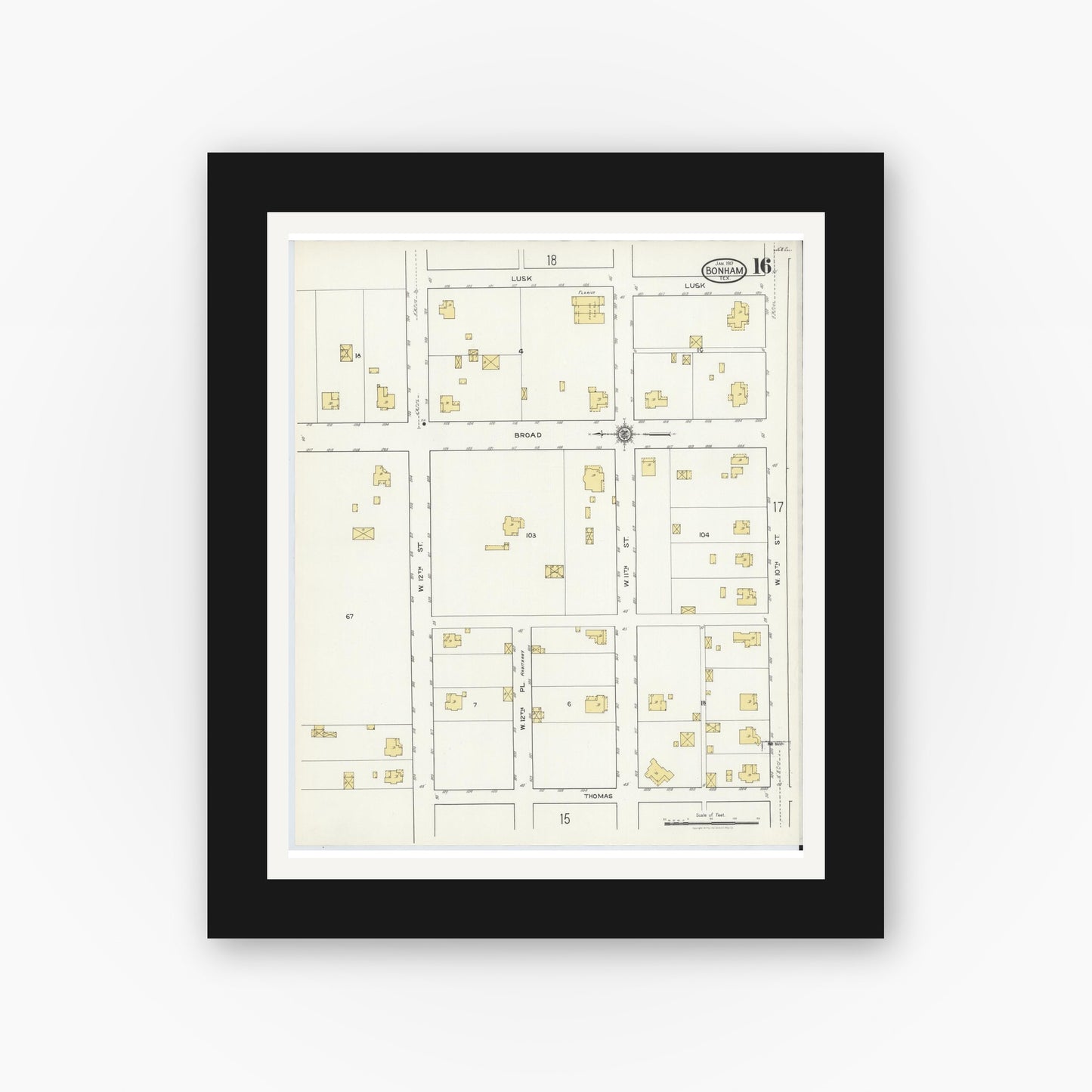 Old map wall art mockup — black gallery frame with white mat — Sanborn Fire Insurance Map from Bonham, Fannin County, Texas (1917), Sheet #0016