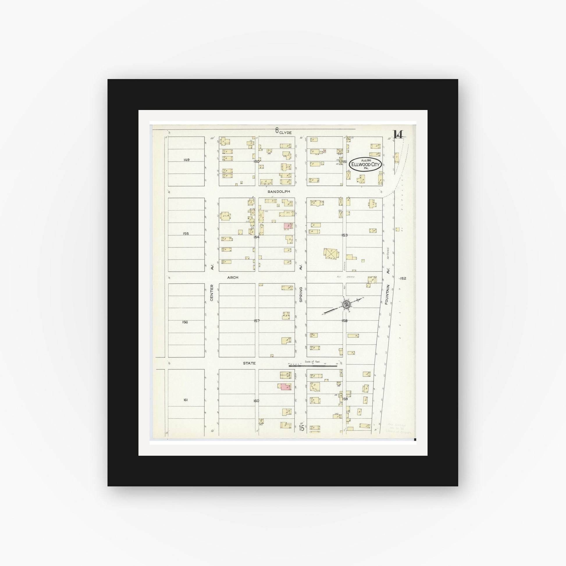 Old map wall art mockup — black gallery frame with white mat — Sanborn Fire Insurance Map from Ellwood City, Lawrence County, Pennsylvania (1914), Sheet #0014