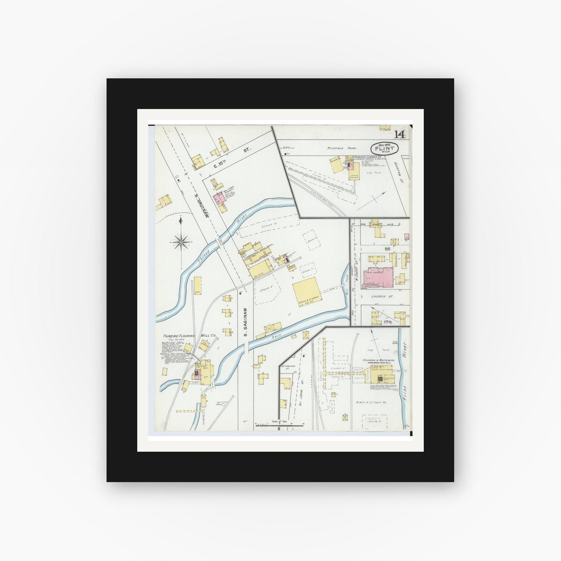 Old map wall art mockup — black gallery frame with white mat — Sanborn Fire Insurance Map from Flint, Genesee County, Michigan (1892), Sheet #0014