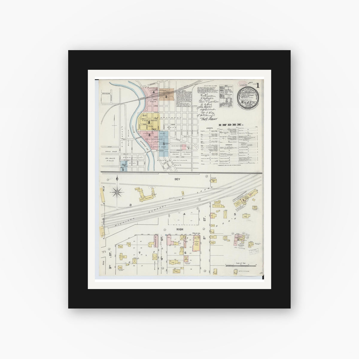 Old map wall art mockup — black gallery frame with white mat — Sanborn Fire Insurance Map from Niles, Berrien County, Michigan (1889), Sheet #0001
