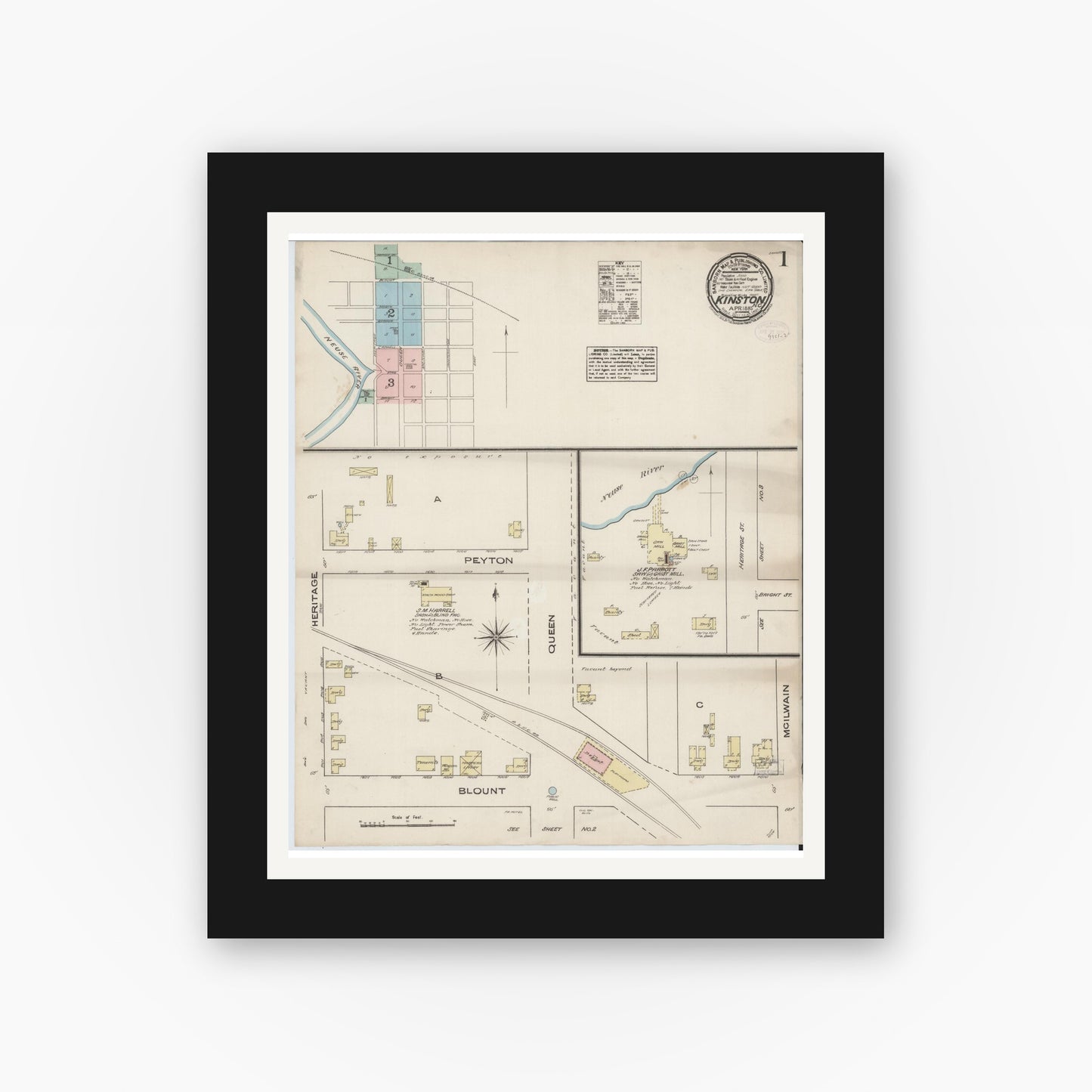 Old map wall art mockup — black gallery frame with white mat — Sanborn Fire Insurance Map from Kinston, Lenoir County, North Carolina (1885) - Complete Map Set