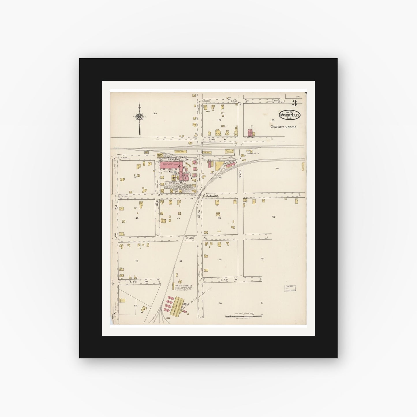 Old map wall art mockup — black gallery frame with white mat — Sanborn Fire Insurance Map from Mount Holly, Gaston County, North Carolina (1922), Sheet #0003