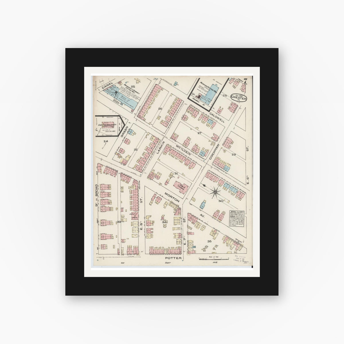 Old map wall art mockup — black gallery frame with white mat — Sanborn Fire Insurance Map from Chester, Delaware County, Pennsylvania (1885), Sheet #0007