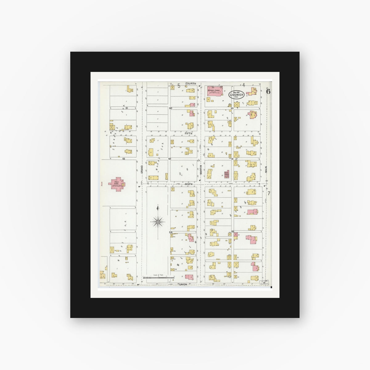 Old map wall art mockup — black gallery frame with white mat — Sanborn Fire Insurance Map from Ligonier, Noble County, Indiana (1901), Sheet #0006