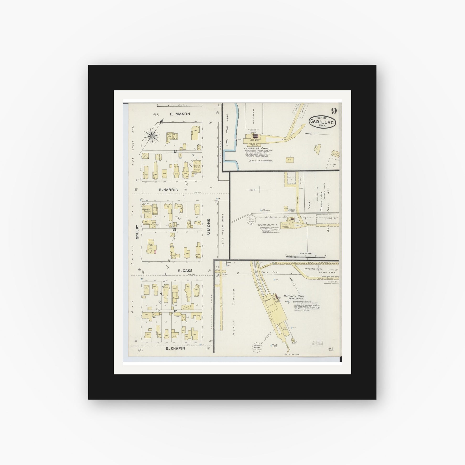 Old map wall art mockup — black gallery frame with white mat — Sanborn Fire Insurance Map from Cadillac, Wexford County, Michigan (1890), Sheet #0009