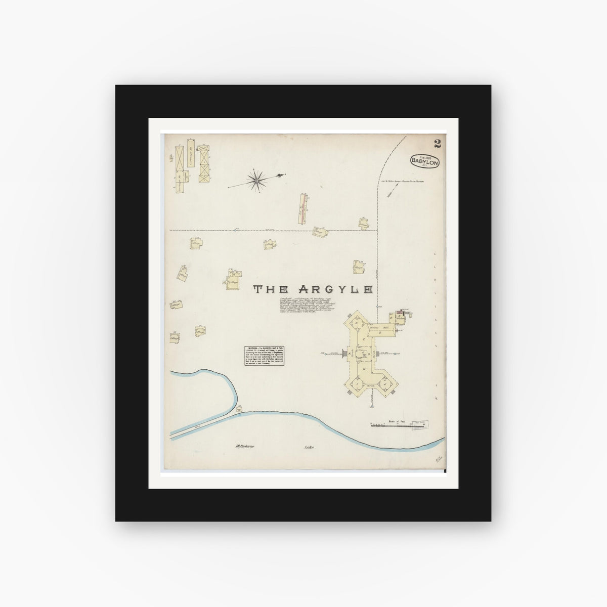 Old map wall art mockup — black gallery frame with white mat — Sanborn Fire Insurance Map from Babylon, Suffolk County, New York (1885), Sheet #0002