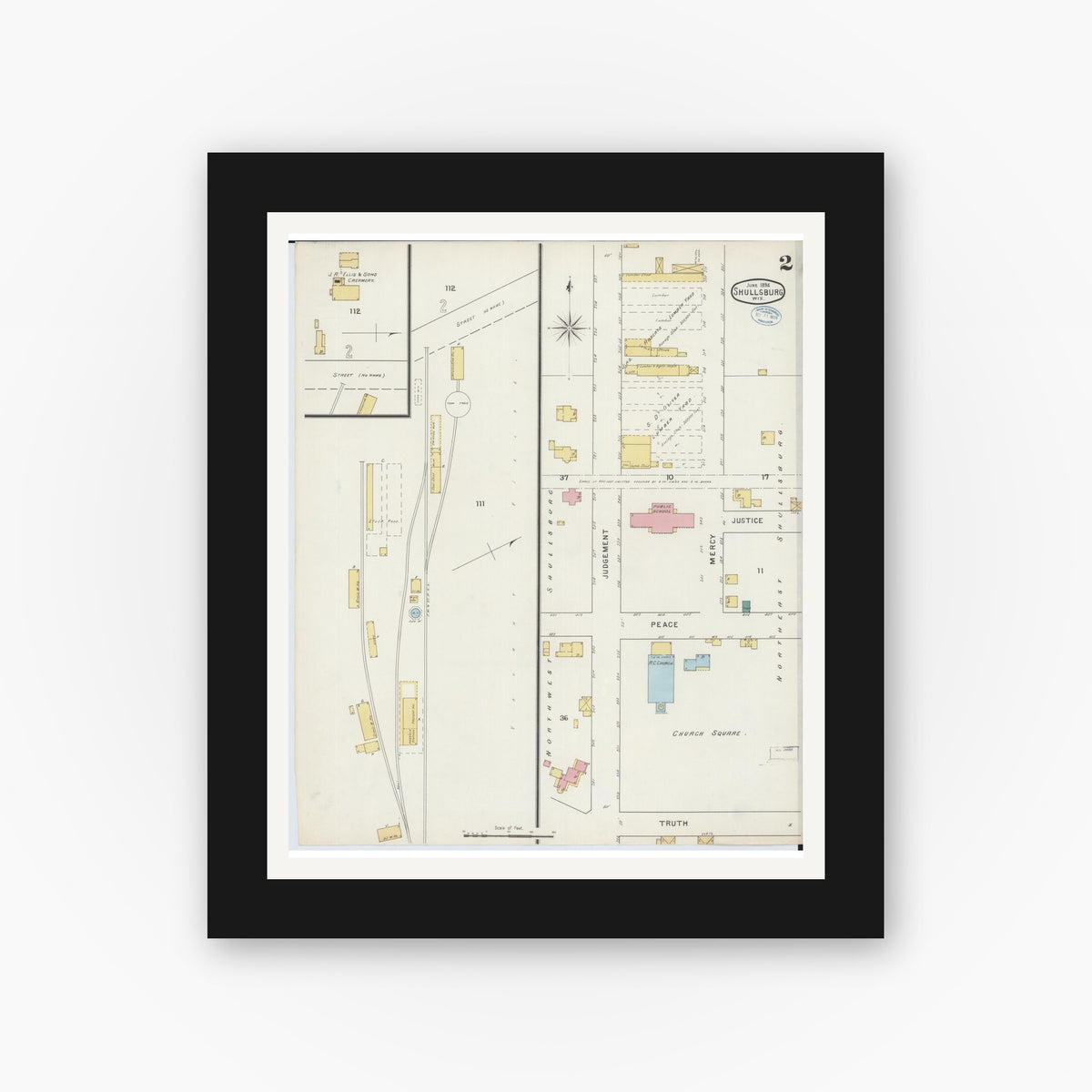 Old map wall art mockup — black gallery frame with white mat — Sanborn Fire Insurance Map from Shullsburg, Lafayette County, Wisconsin (1894), Sheet #0002
