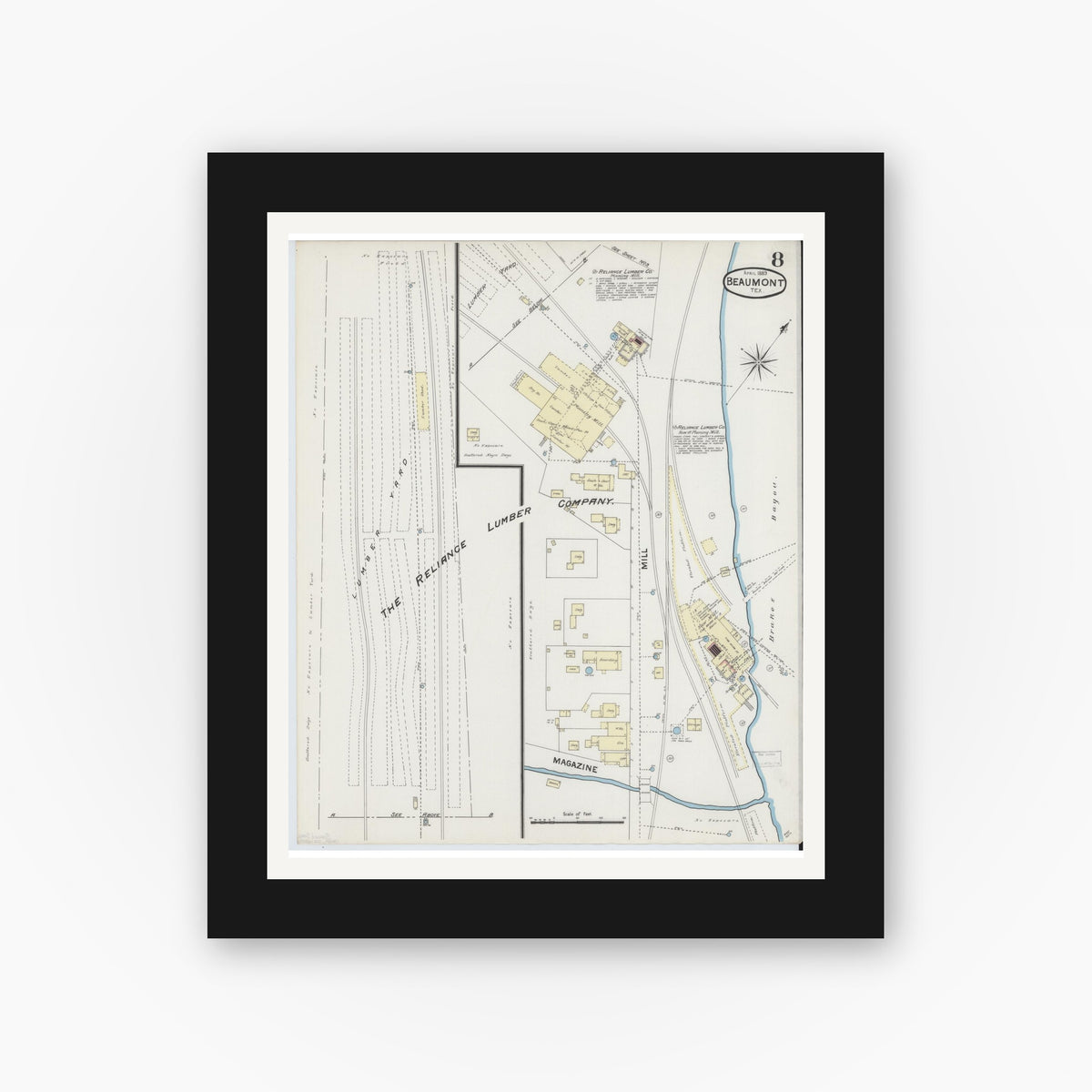 Old map wall art mockup — black gallery frame with white mat — Sanborn Fire Insurance Map from Beaumont, Jefferson County, Texas (1889), Sheet #0008