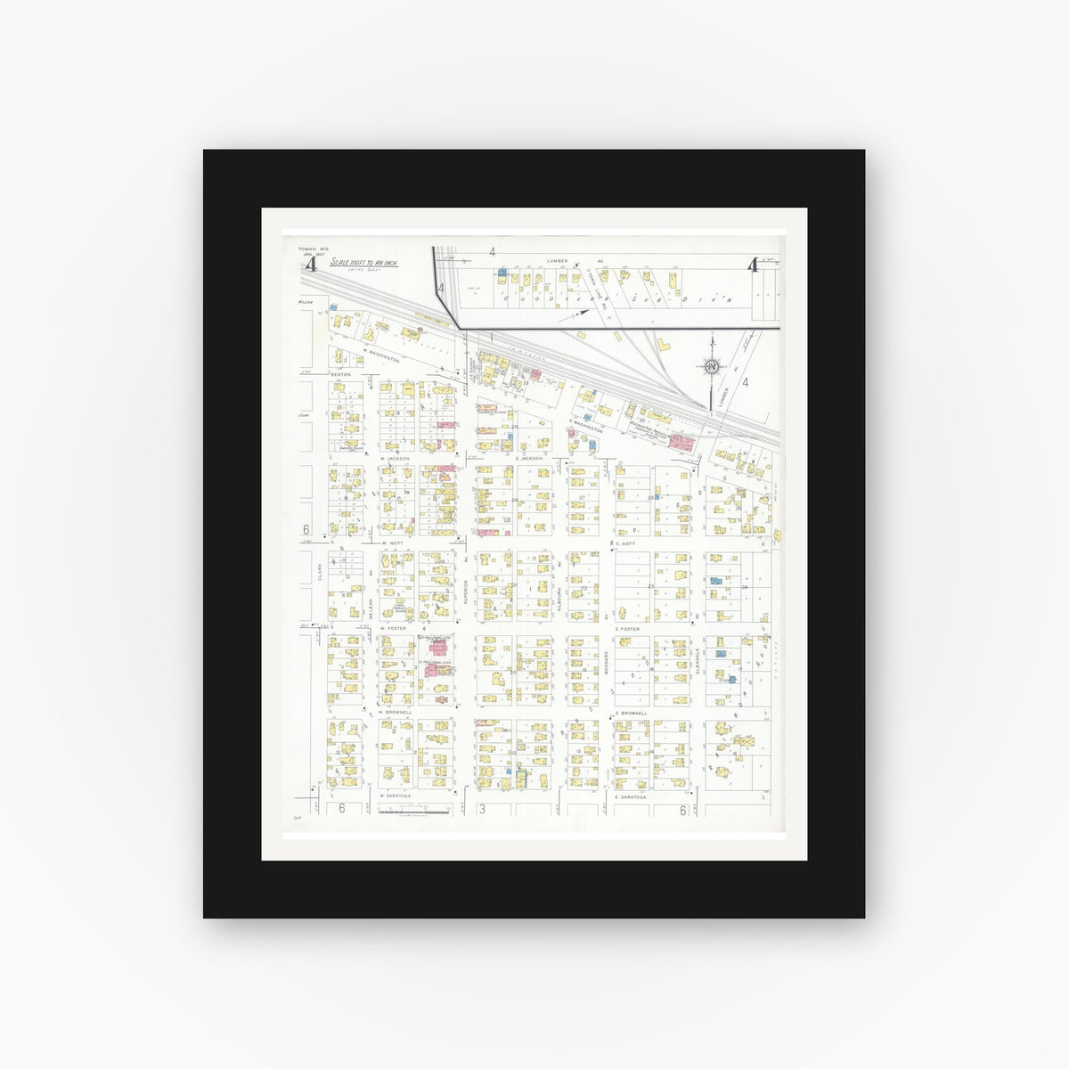 Old map wall art mockup — black gallery frame with white mat — Sanborn Fire Insurance Map from Tomah, Monroe County, Wisconsin (1937), Sheet #0004
