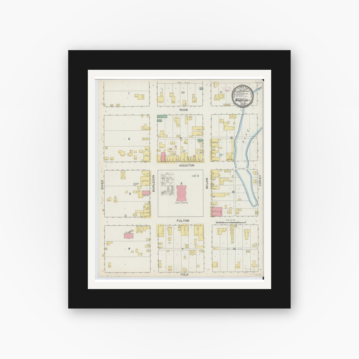 Old map wall art mockup — black gallery frame with white mat — Sanborn Fire Insurance Map from Wharton, Wharton County, Texas (1894), Sheet #0001