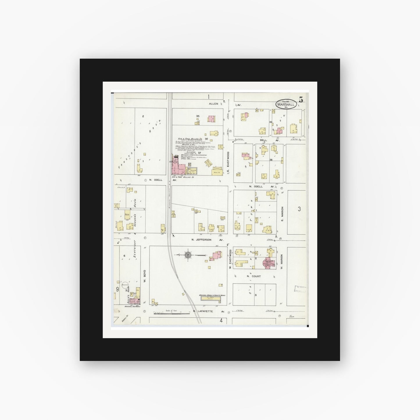 Old map wall art mockup — black gallery frame with white mat — Sanborn Fire Insurance Map from Marshall, Saline County, Missouri (1910), Sheet #0005