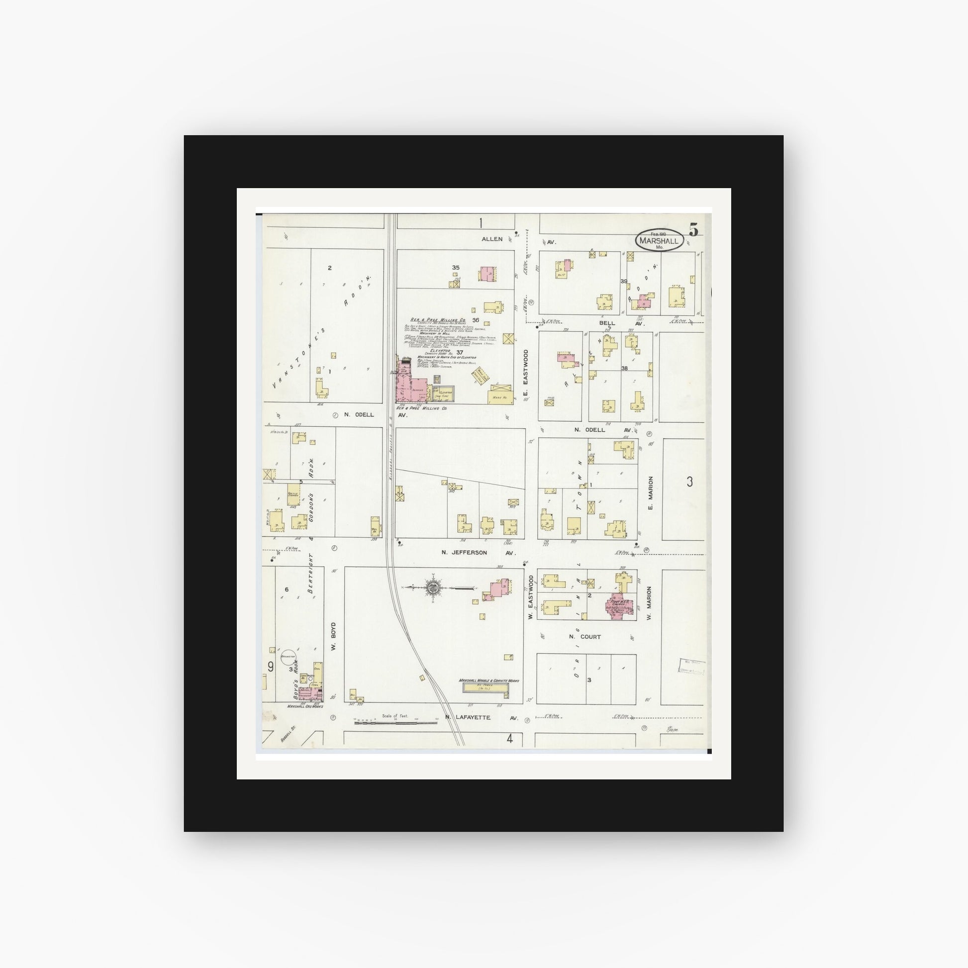 Old map wall art mockup — black gallery frame with white mat — Sanborn Fire Insurance Map from Marshall, Saline County, Missouri (1910), Sheet #0005
