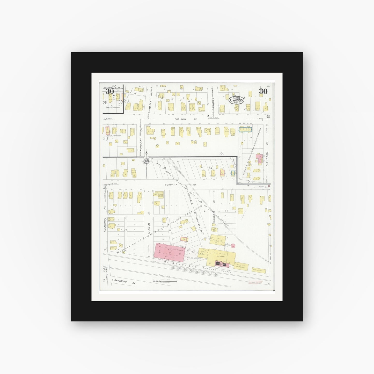 Old map wall art mockup — black gallery frame with white mat — Sanborn Fire Insurance Map from Owosso, Shiawassee County, Michigan (1930), Sheet #0030