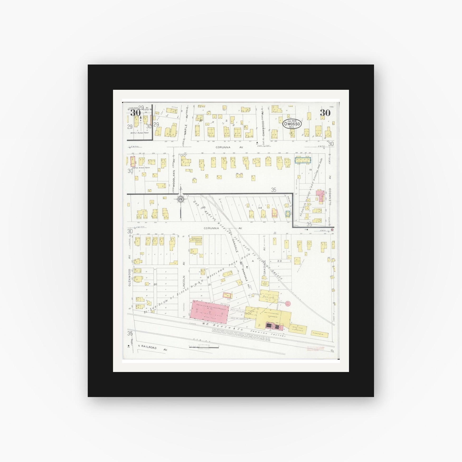 Old map wall art mockup — black gallery frame with white mat — Sanborn Fire Insurance Map from Owosso, Shiawassee County, Michigan (1930), Sheet #0030
