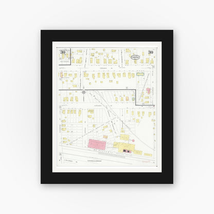 Old map wall art mockup — black gallery frame with white mat — Sanborn Fire Insurance Map from Owosso, Shiawassee County, Michigan (1930), Sheet #0030