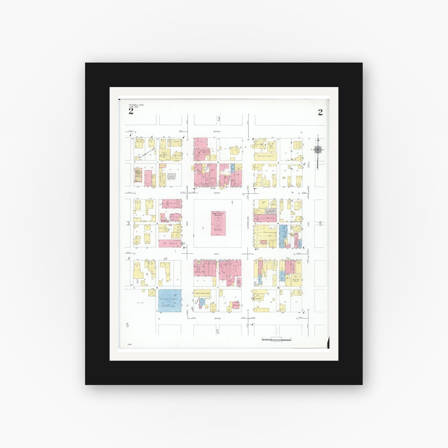 Old map wall art mockup — black gallery frame with white mat — Sanborn Fire Insurance Map from Caldwell, Noble County, Ohio (1948), Sheet #0002