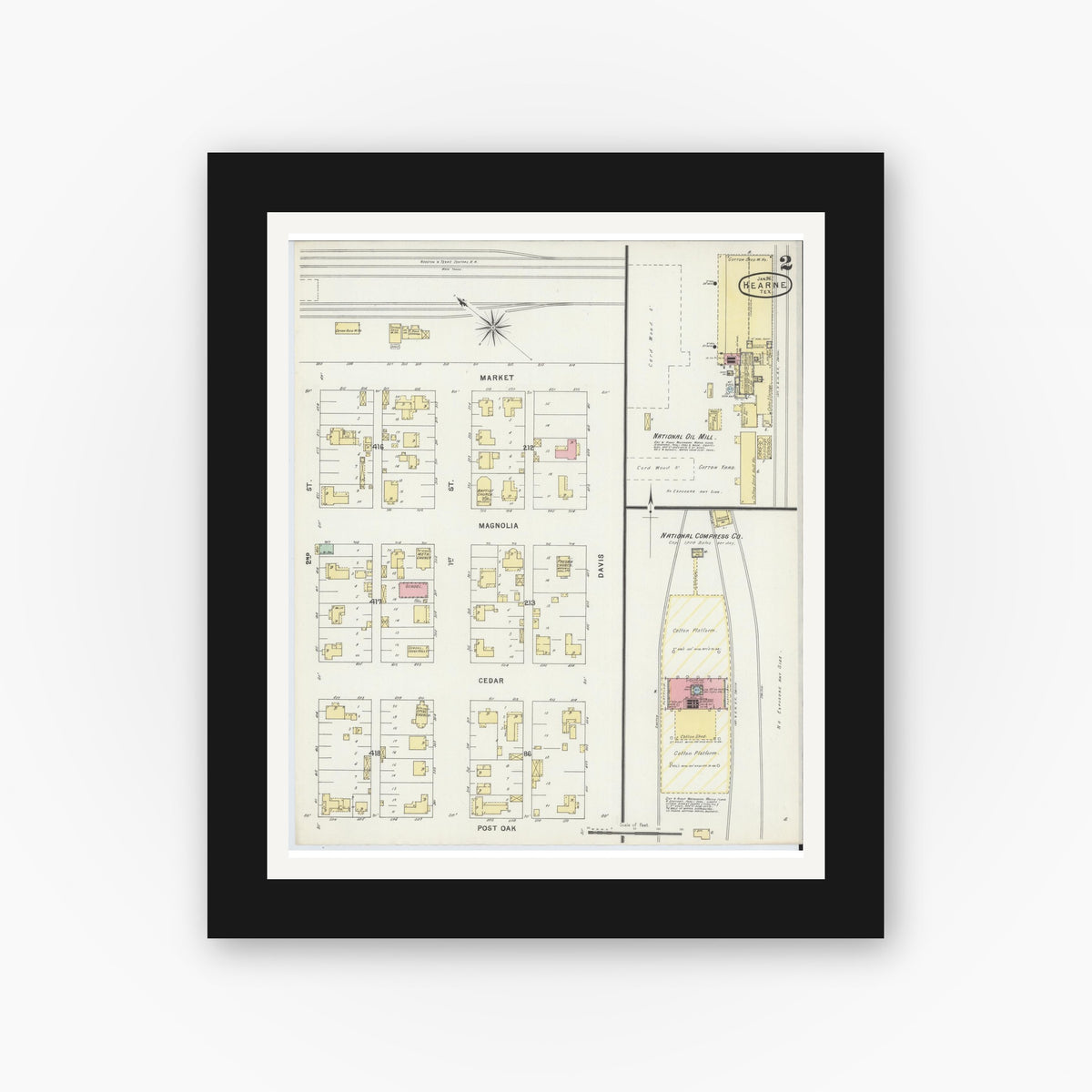 Old map wall art mockup — black gallery frame with white mat — Sanborn Fire Insurance Map from Hearne, Robertson County, Texas (1896), Sheet #0002