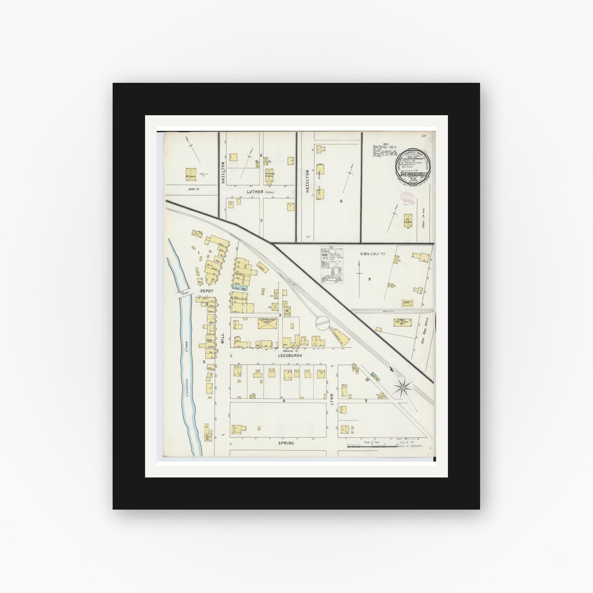 Old map wall art mockup — black gallery frame with white mat — Sanborn Fire Insurance Map from Sherrodsville, Carroll County, Ohio (1895), Sheet #0001