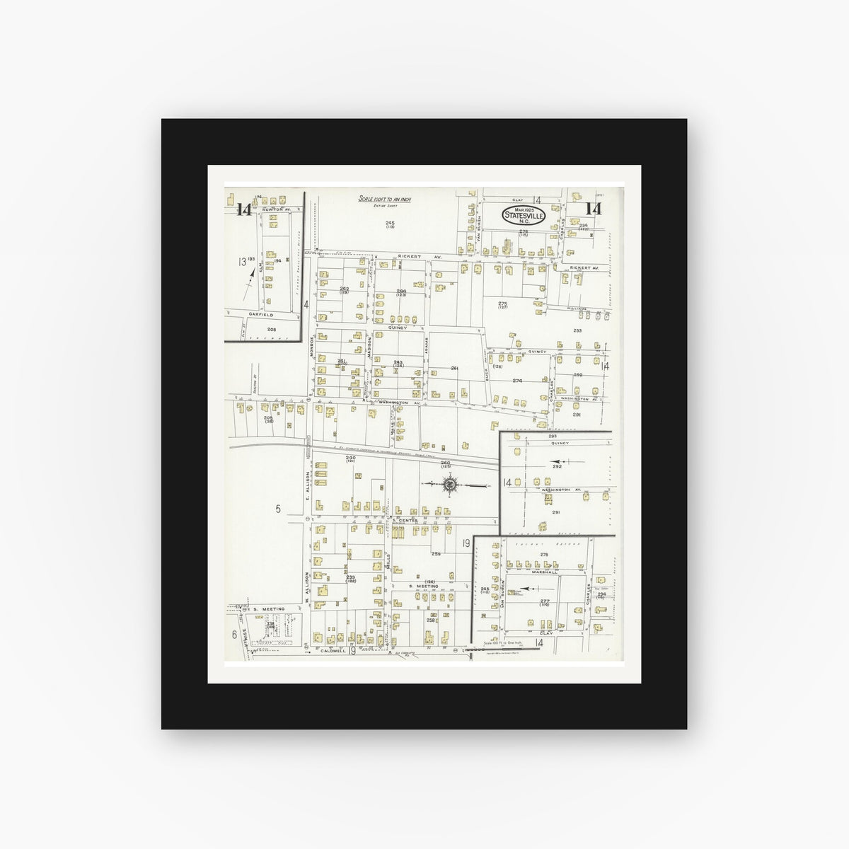 Old map wall art mockup — black gallery frame with white mat — Sanborn Fire Insurance Map from Statesville, Iredell County, North Carolina (1925), Sheet #0014