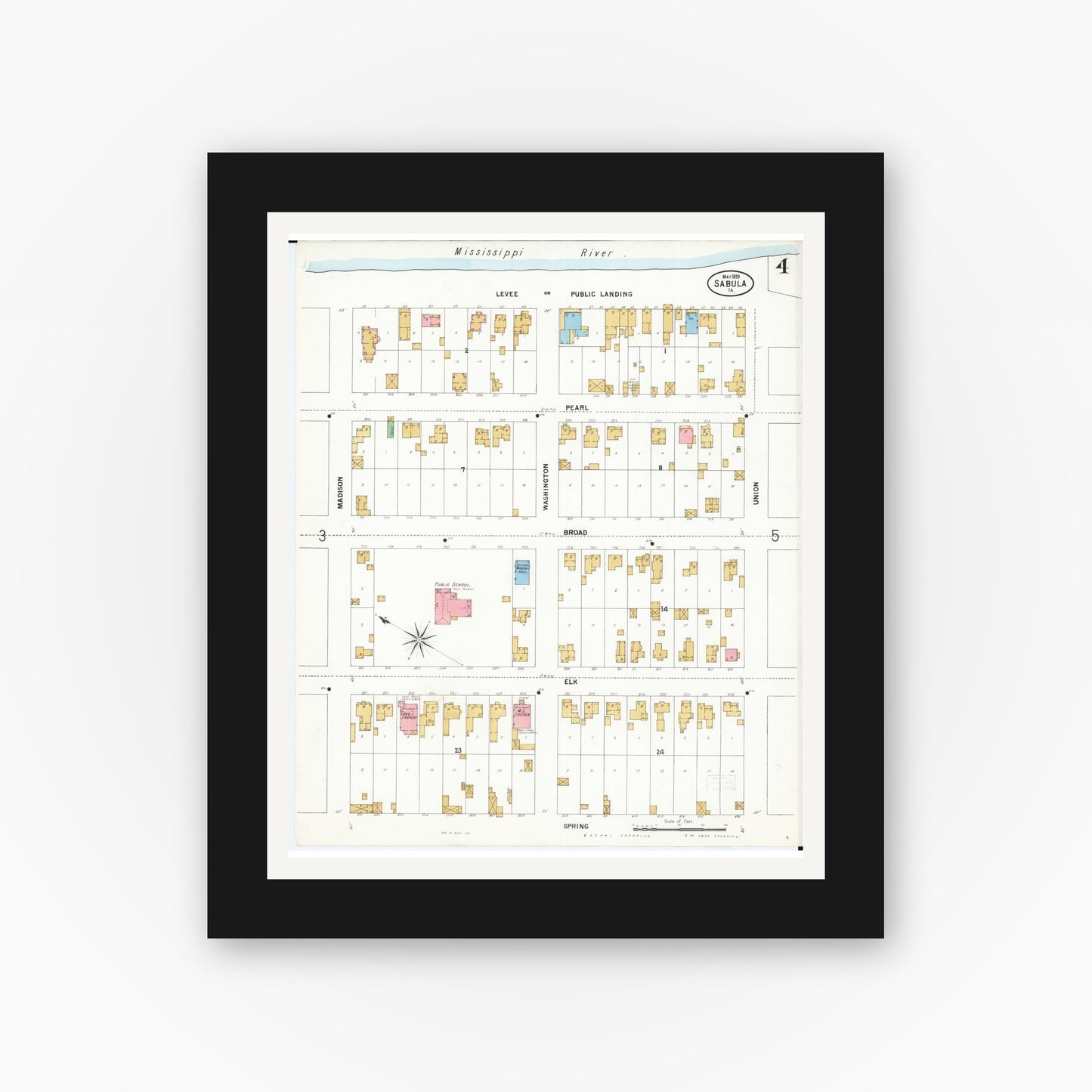 Old map wall art mockup — black gallery frame with white mat — Sanborn Fire Insurance Map from Sabula, Jackson County, Iowa (1899), Sheet #0004
