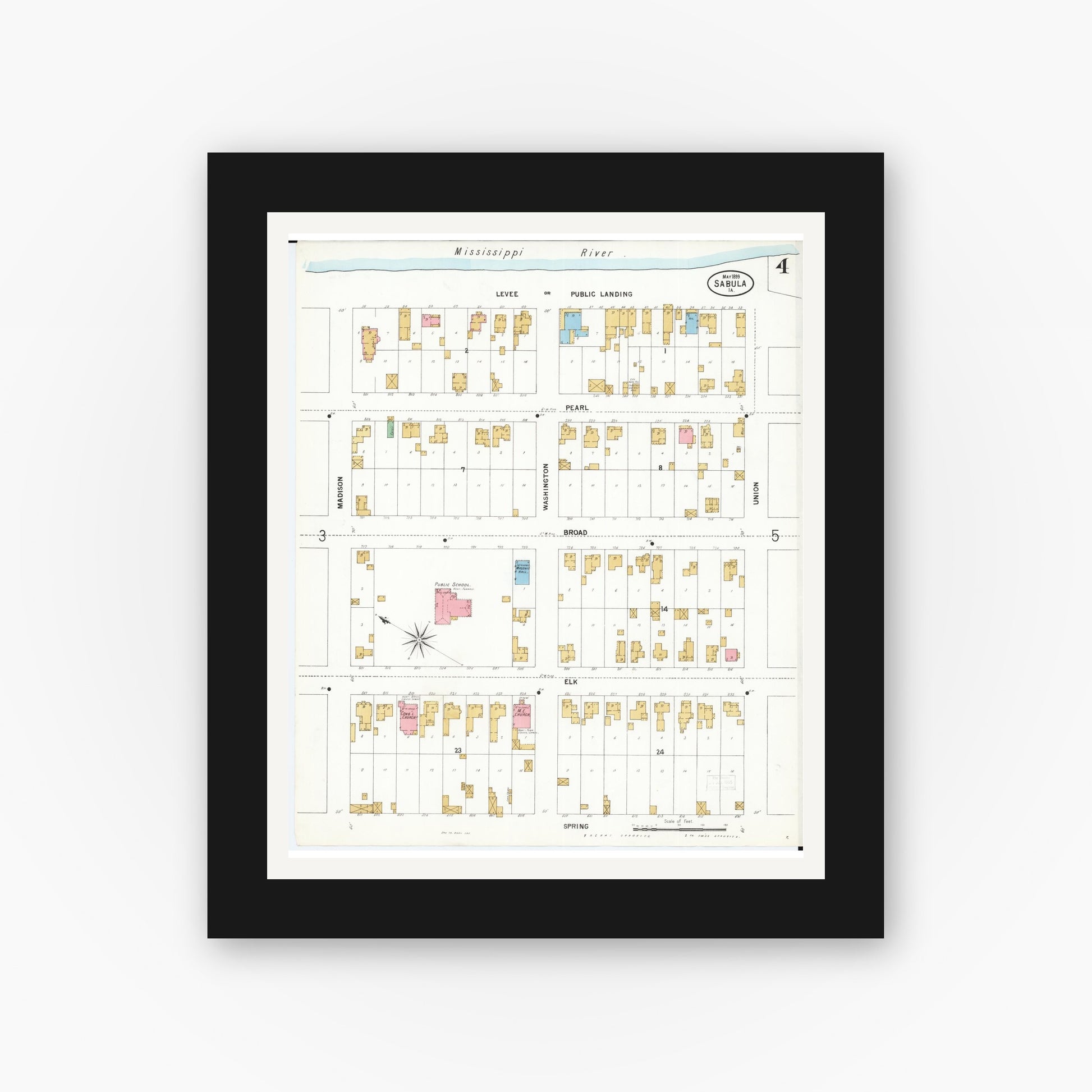 Old map wall art mockup — black gallery frame with white mat — Sanborn Fire Insurance Map from Sabula, Jackson County, Iowa (1899), Sheet #0004