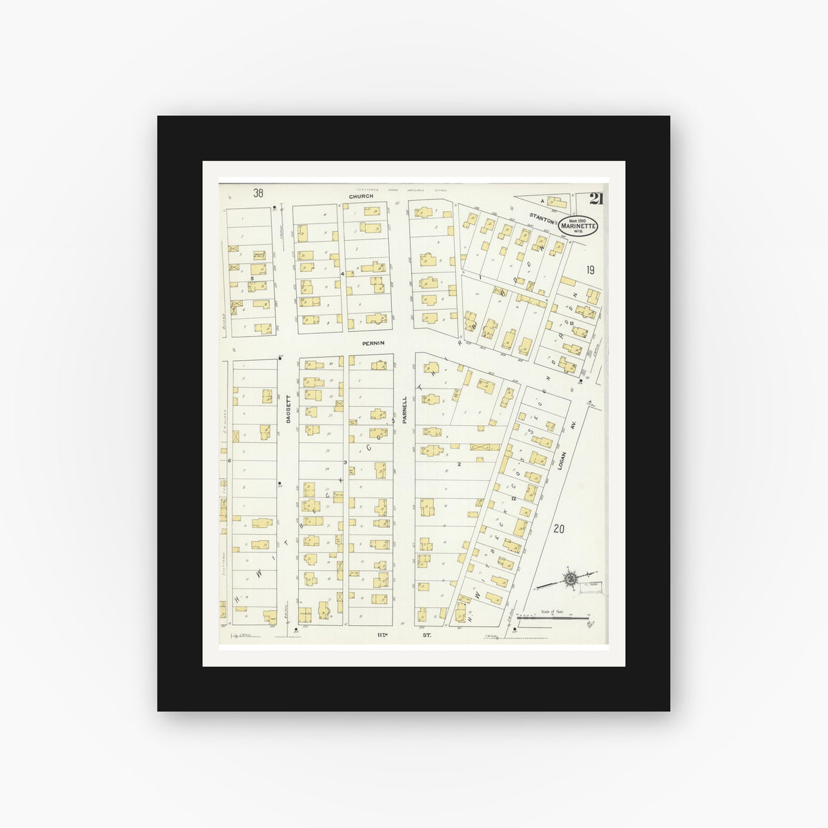 Old map wall art mockup — black gallery frame with white mat — Sanborn Fire Insurance Map from Marinette, Marinette County, Wisconsin (1910), Sheet #0021