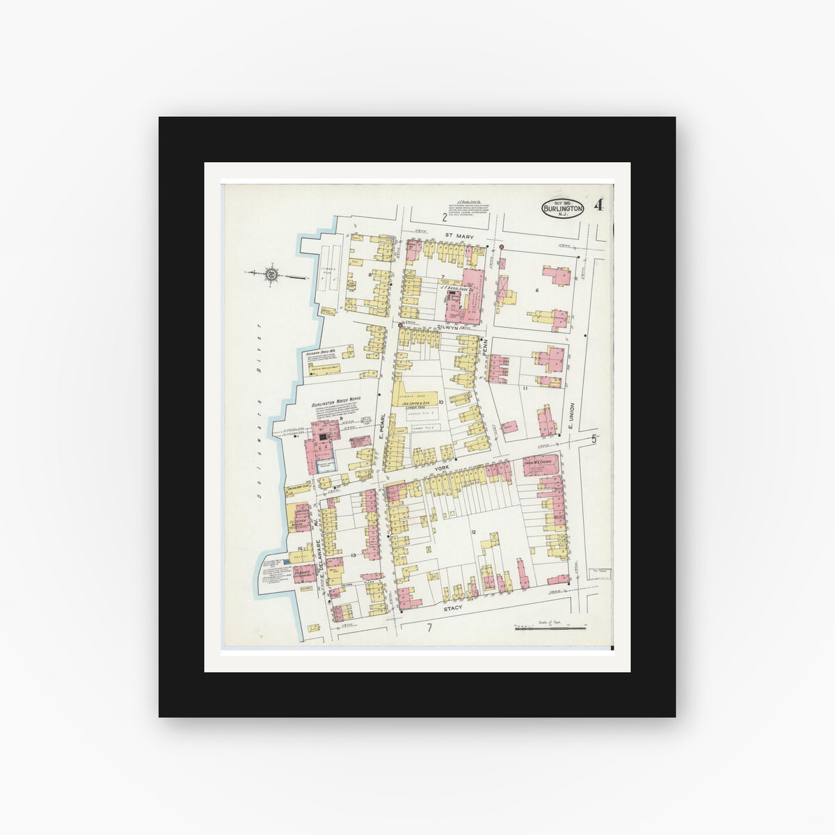 Old map wall art mockup — black gallery frame with white mat — Sanborn Fire Insurance Map from Burlington, Burlington County, New Jersey (1915), Sheet #0004