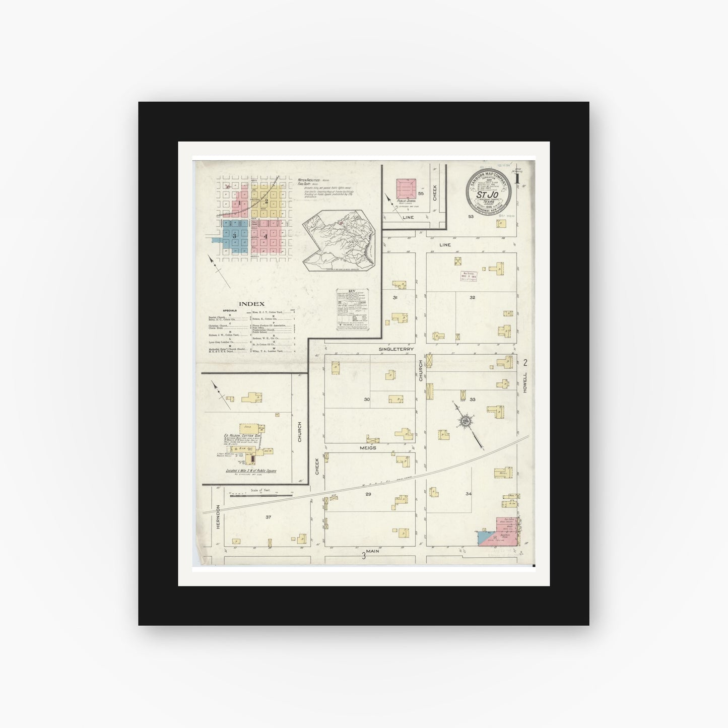 Old map wall art mockup — black gallery frame with white mat — Sanborn Fire Insurance Map from Saint Jo, Montague County, Texas (1914) - Complete Map Set